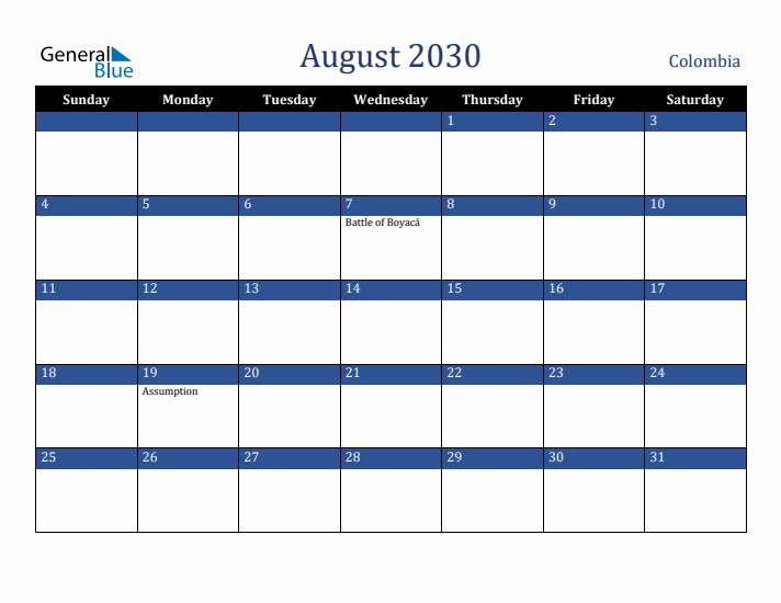 August 2030 Colombia Calendar (Sunday Start)