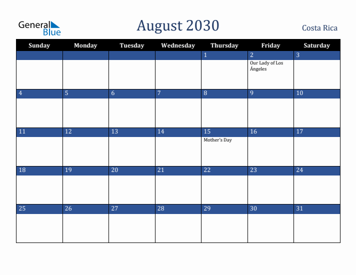 August 2030 Costa Rica Calendar (Sunday Start)