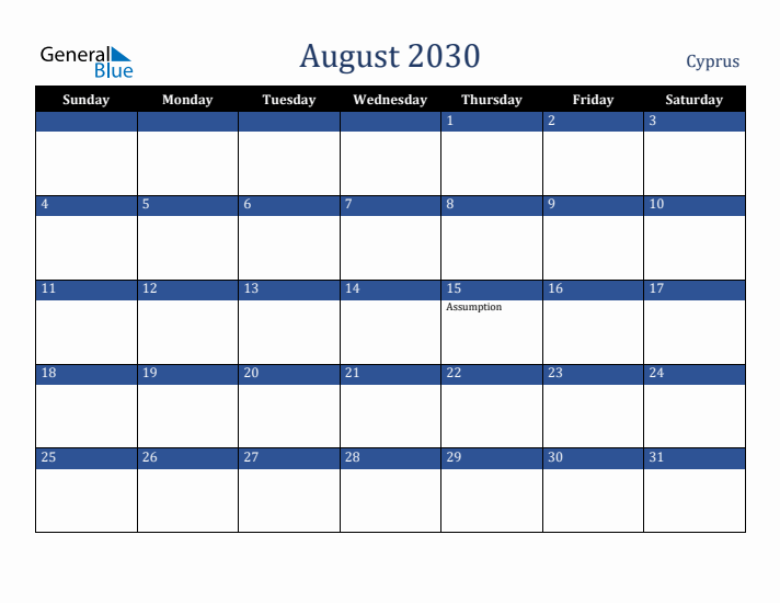 August 2030 Cyprus Calendar (Sunday Start)