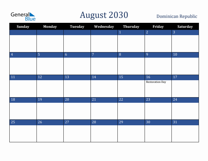 August 2030 Dominican Republic Calendar (Sunday Start)