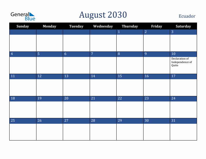 August 2030 Ecuador Calendar (Sunday Start)
