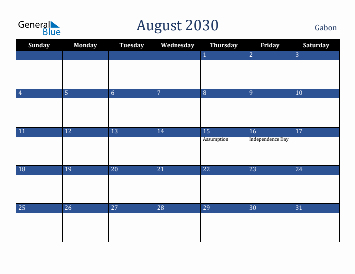 August 2030 Gabon Calendar (Sunday Start)