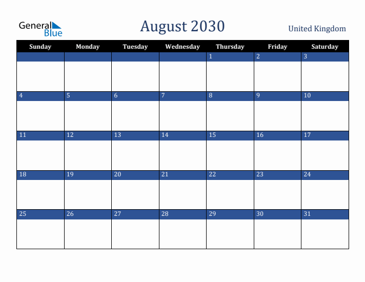 August 2030 United Kingdom Calendar (Sunday Start)