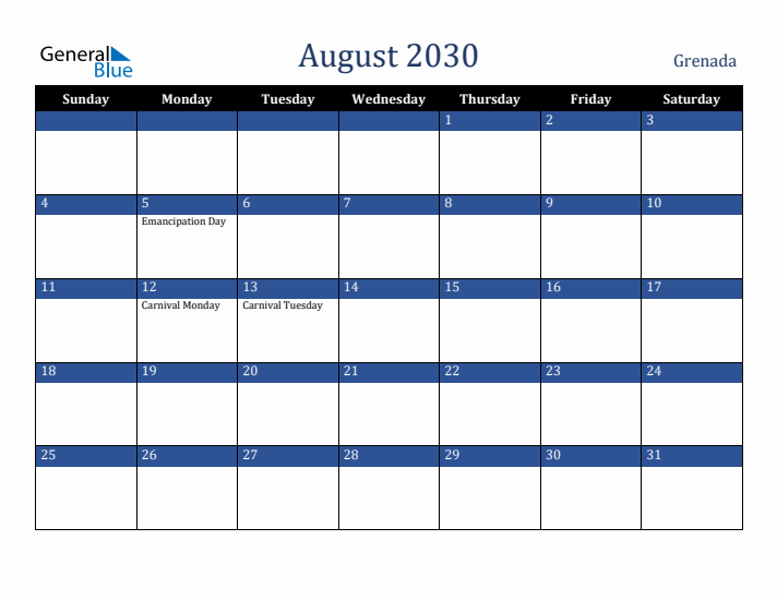 August 2030 Grenada Calendar (Sunday Start)