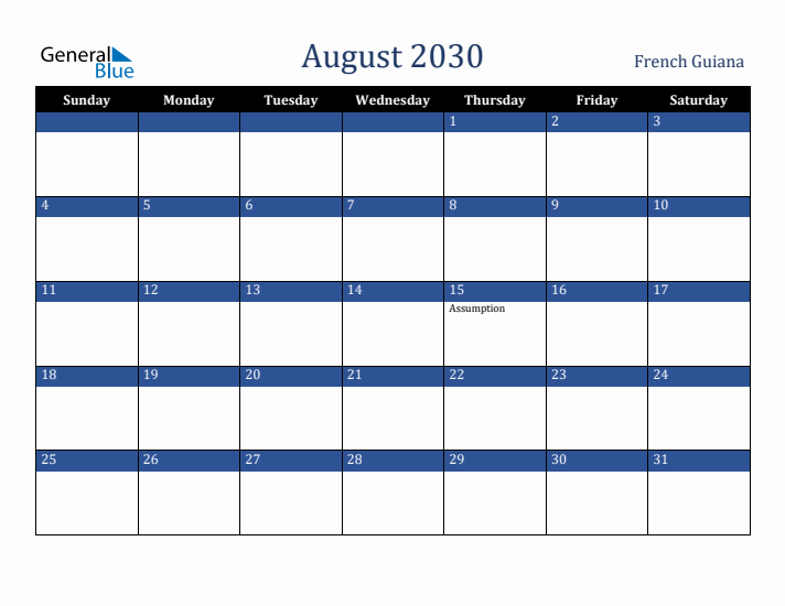 August 2030 French Guiana Calendar (Sunday Start)