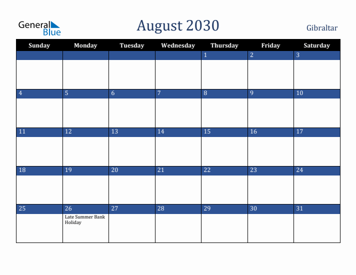 August 2030 Gibraltar Calendar (Sunday Start)