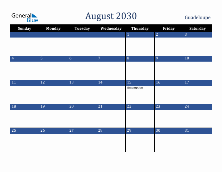 August 2030 Guadeloupe Calendar (Sunday Start)