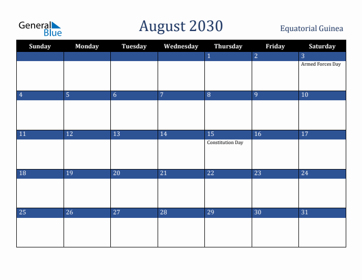 August 2030 Equatorial Guinea Calendar (Sunday Start)