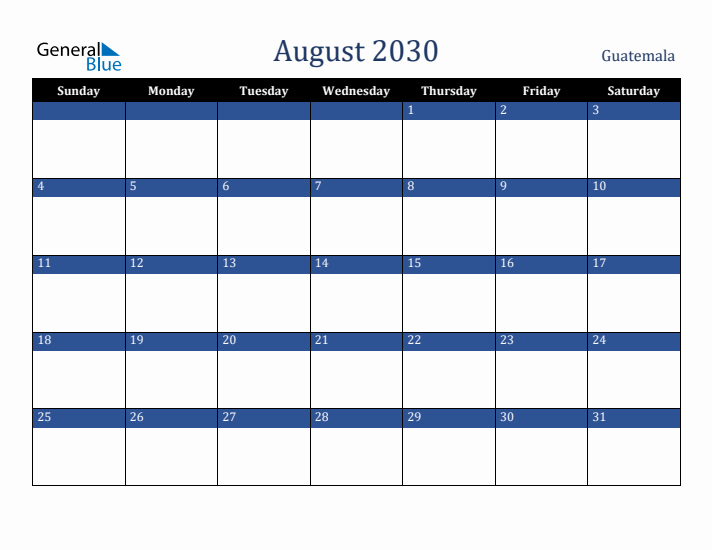 August 2030 Guatemala Calendar (Sunday Start)