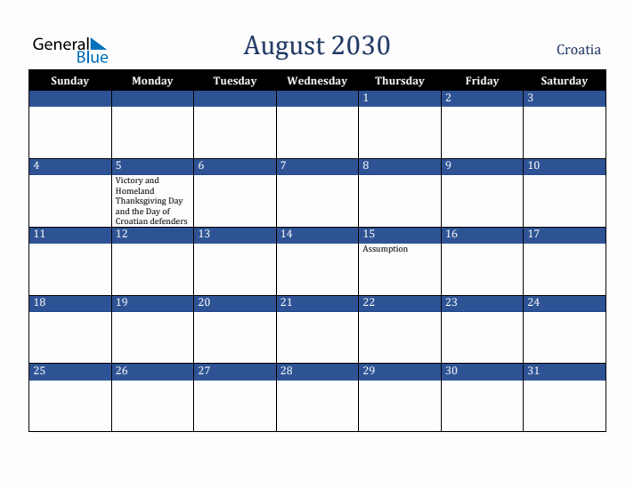 August 2030 Croatia Calendar (Sunday Start)