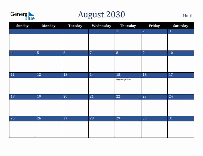 August 2030 Haiti Calendar (Sunday Start)