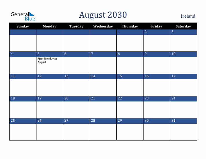 August 2030 Ireland Calendar (Sunday Start)