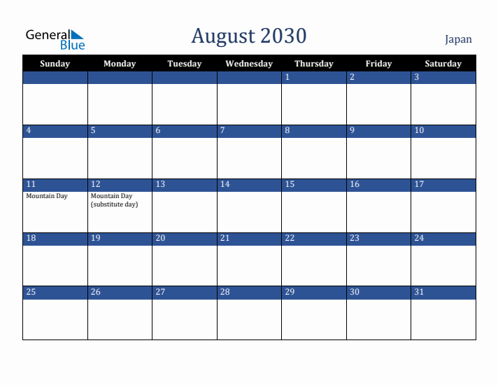 August 2030 Japan Calendar (Sunday Start)