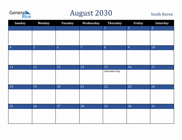 August 2030 South Korea Calendar (Sunday Start)