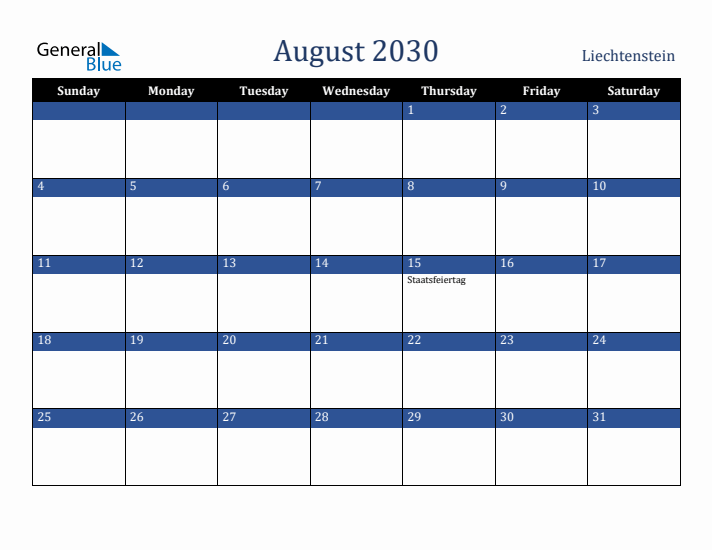 August 2030 Liechtenstein Calendar (Sunday Start)