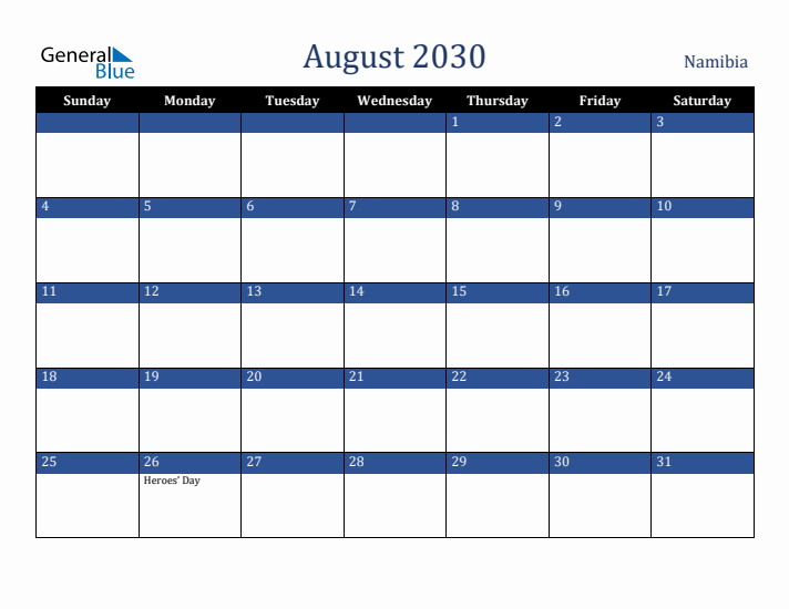August 2030 Namibia Calendar (Sunday Start)