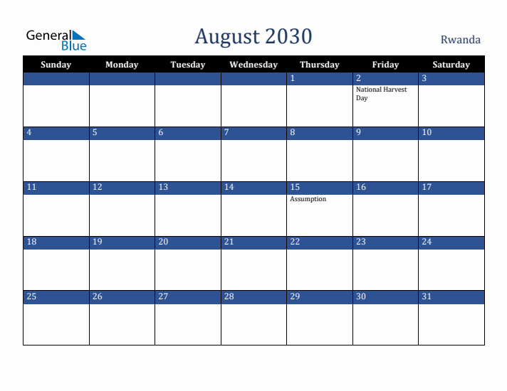 August 2030 Rwanda Calendar (Sunday Start)