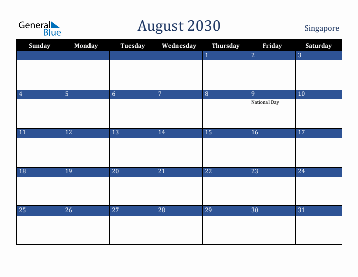 August 2030 Singapore Calendar (Sunday Start)