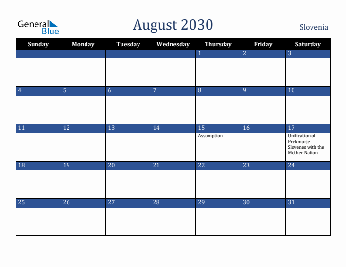 August 2030 Slovenia Calendar (Sunday Start)