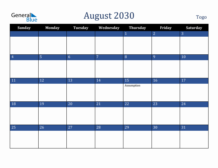 August 2030 Togo Calendar (Sunday Start)