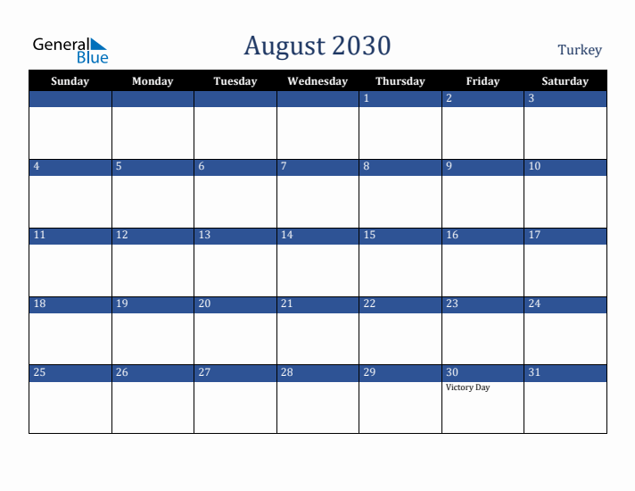 August 2030 Turkey Calendar (Sunday Start)