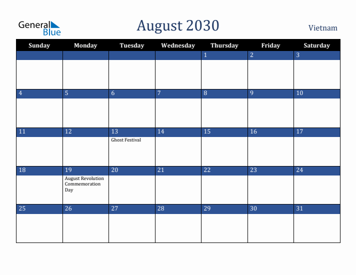 August 2030 Vietnam Calendar (Sunday Start)