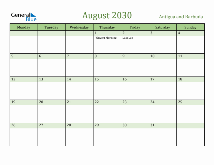 August 2030 Calendar with Antigua and Barbuda Holidays