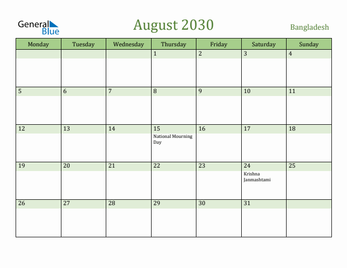 August 2030 Calendar with Bangladesh Holidays