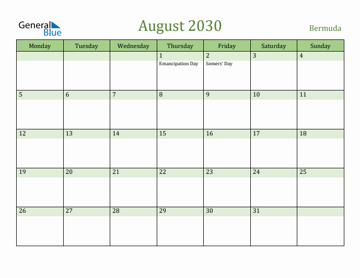 August 2030 Calendar with Bermuda Holidays