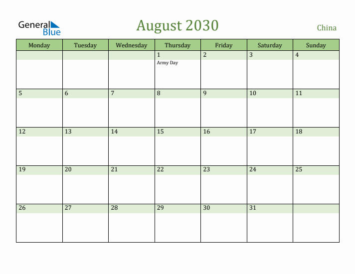 August 2030 Calendar with China Holidays