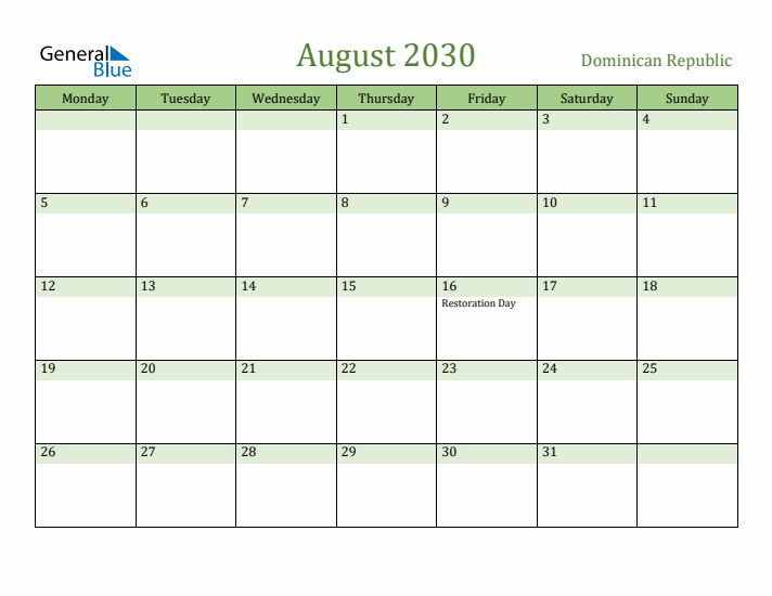 August 2030 Calendar with Dominican Republic Holidays