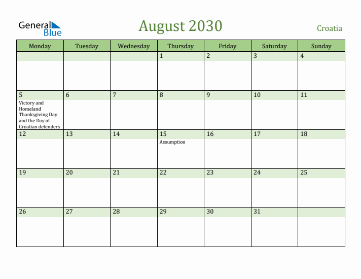 August 2030 Calendar with Croatia Holidays