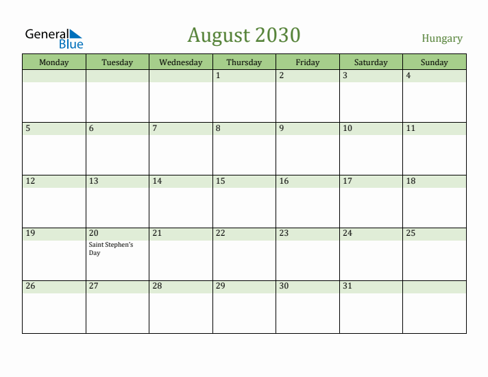 August 2030 Calendar with Hungary Holidays