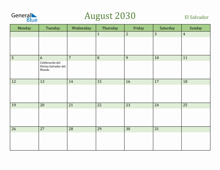 August 2030 Calendar with El Salvador Holidays