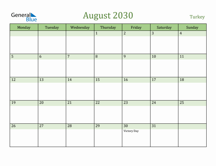 August 2030 Calendar with Turkey Holidays