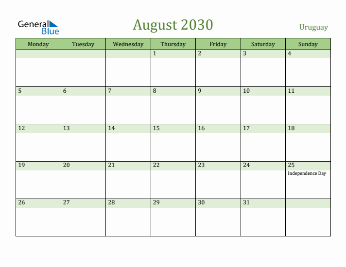 August 2030 Calendar with Uruguay Holidays