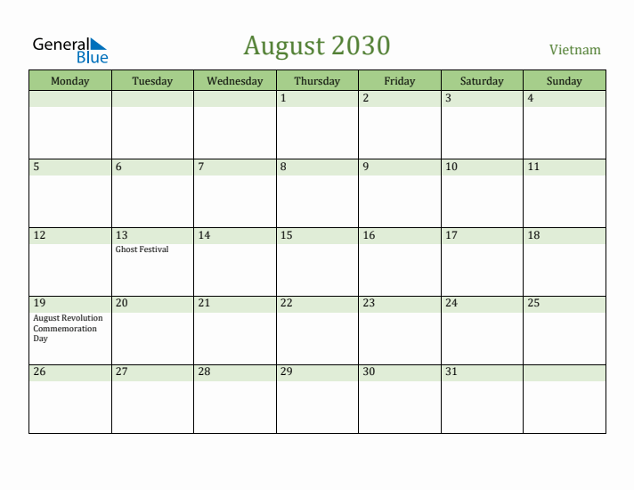 August 2030 Calendar with Vietnam Holidays