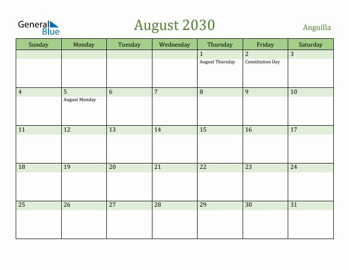 August 2030 Calendar with Anguilla Holidays