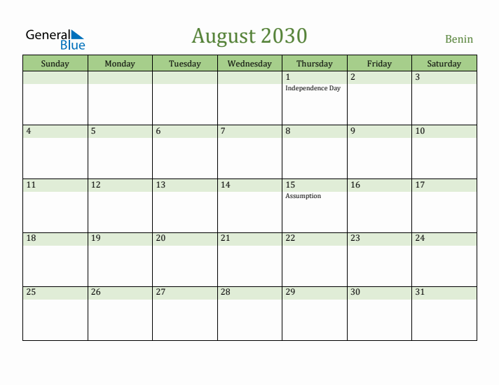 August 2030 Calendar with Benin Holidays