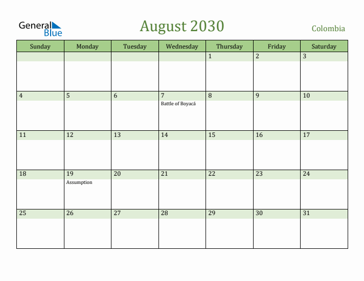 August 2030 Calendar with Colombia Holidays