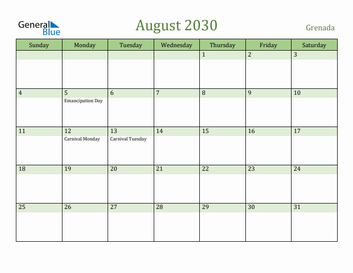 August 2030 Calendar with Grenada Holidays