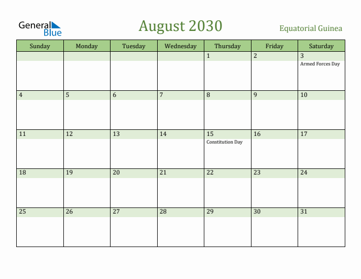 August 2030 Calendar with Equatorial Guinea Holidays