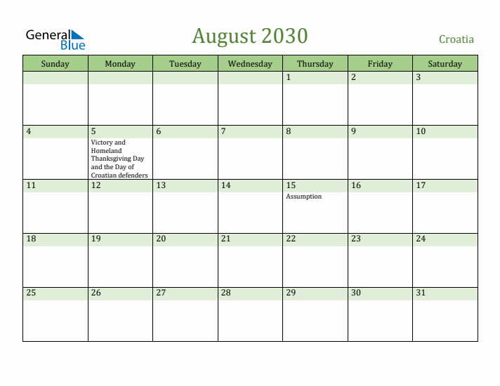 August 2030 Calendar with Croatia Holidays
