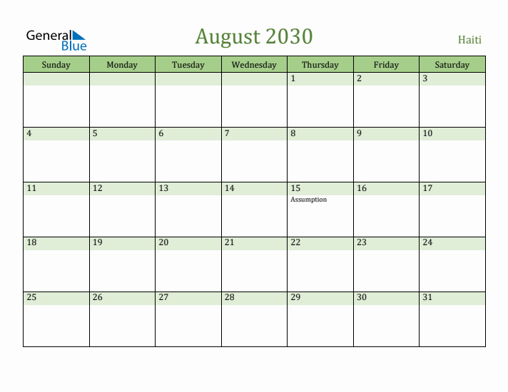 August 2030 Calendar with Haiti Holidays