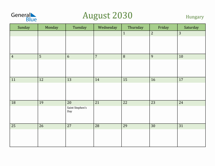 August 2030 Calendar with Hungary Holidays