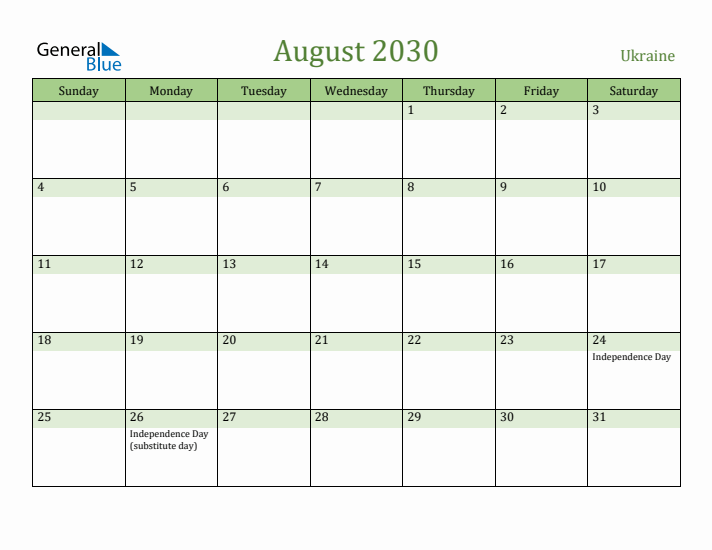 August 2030 Calendar with Ukraine Holidays