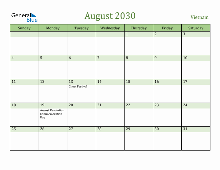 August 2030 Calendar with Vietnam Holidays
