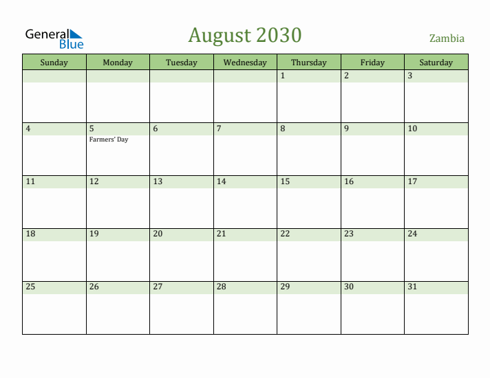 August 2030 Calendar with Zambia Holidays