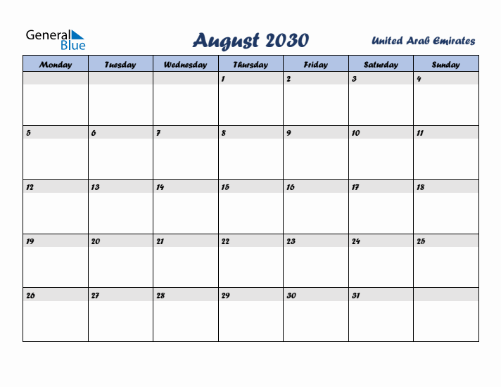 August 2030 Calendar with Holidays in United Arab Emirates