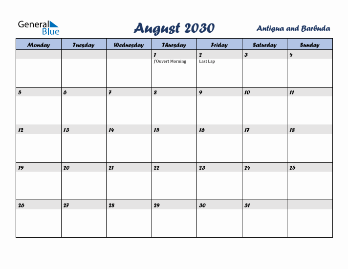 August 2030 Calendar with Holidays in Antigua and Barbuda